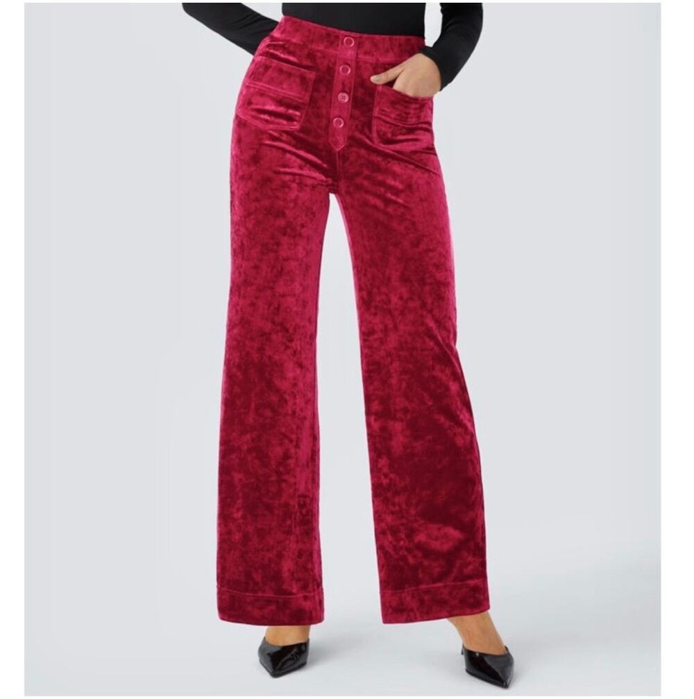 Halara Pants Womens XS Regular Red Straight Leg Crushed Velvet Holiday Party New